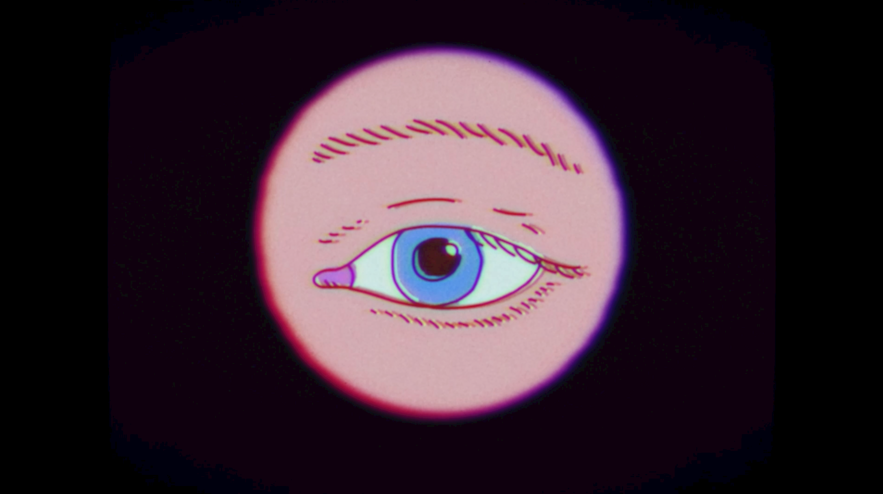 An illustration of a close-up view of a blue eye and light skin seen through a funnel.