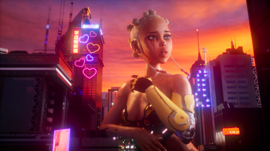 A person with light brown skin and blonde hair braided into several buns looks into the distance. Their face is streaked with mascara. Behind them is a neon-sign-filled city-scape