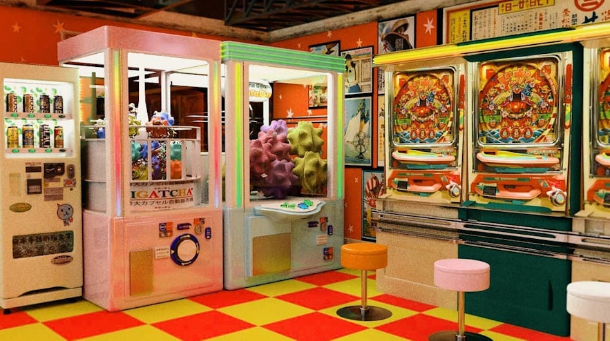 A games arcade full with vending and game machines in bright and pastel colours.
