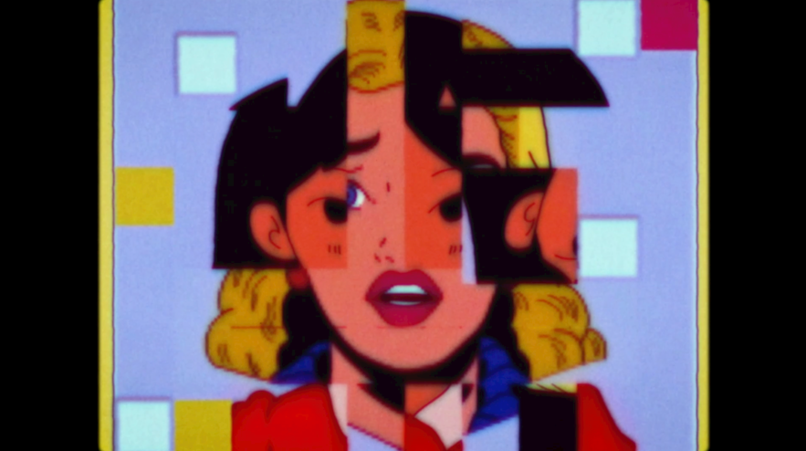 Square tiles of two people's faces layered on each other. One person has yellow hair and pink skin, the other has black hair and red skin.